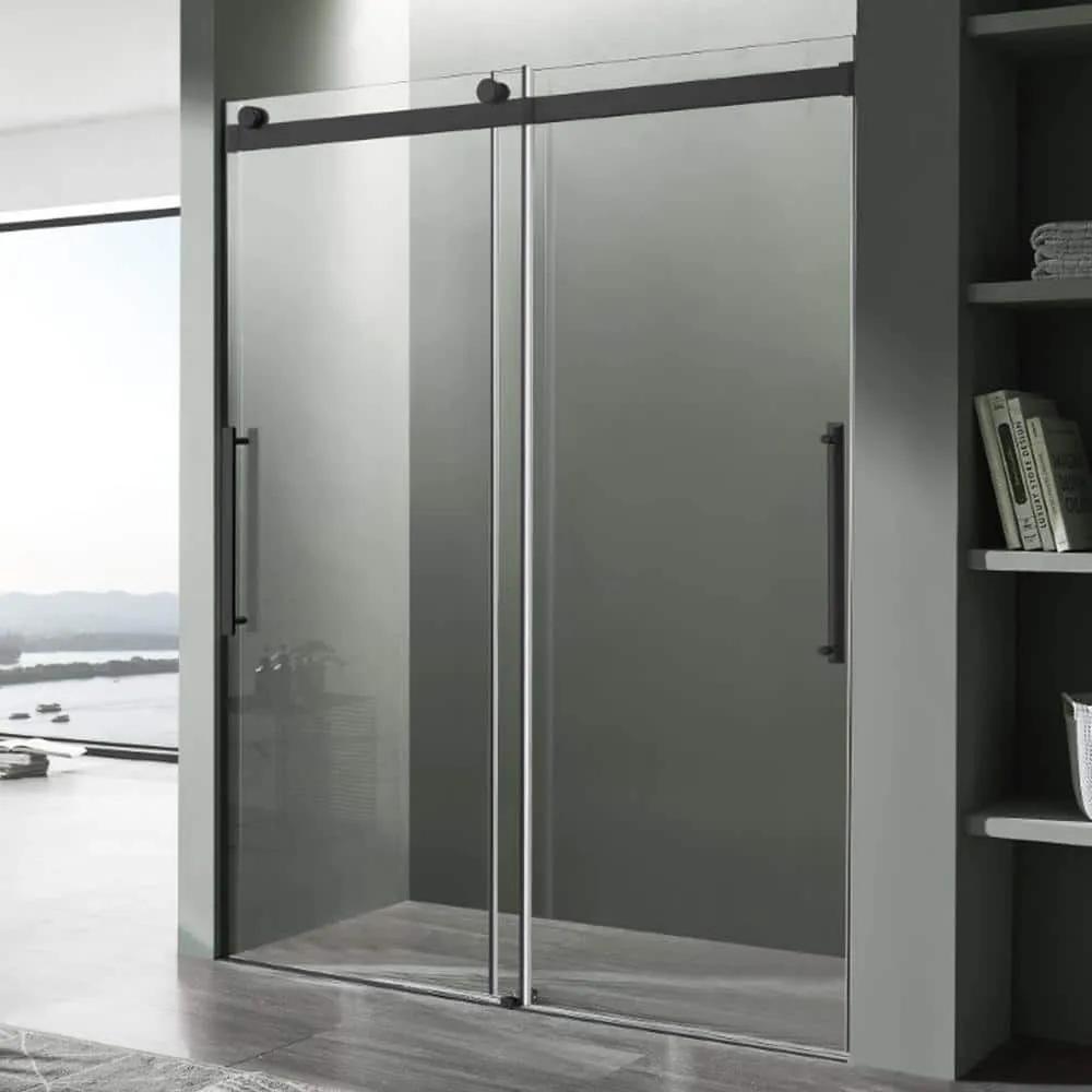 Stellar Series 57 to 60 in. x 76 in. H Sliding Frameless Shower Door in Matte Black with Tsunami Guard Tempered Glass