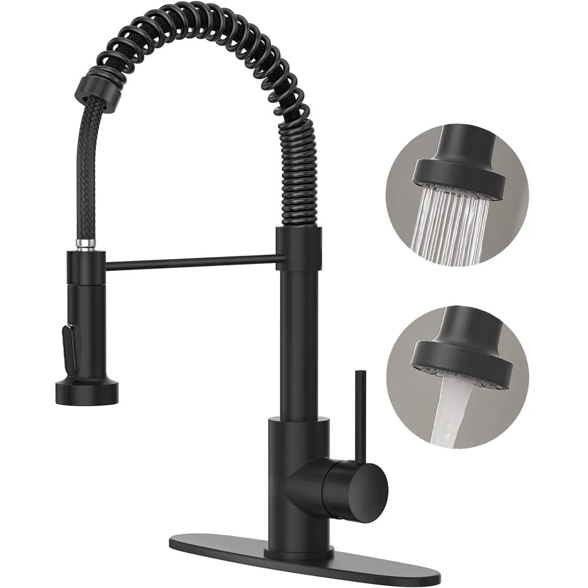 Black Kitchen Faucet with Pull Down Sprayer Pull Out Kitchen Sink Faucet Stainless Steel Commercial Spring Farmhouse