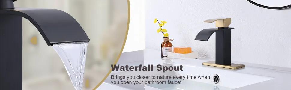 Brushed Gold Waterfall Bathroom Faucet: Single Handle Bathroom Sink Faucet Mixer Tap Lavatory Vanity Sink Faucet with