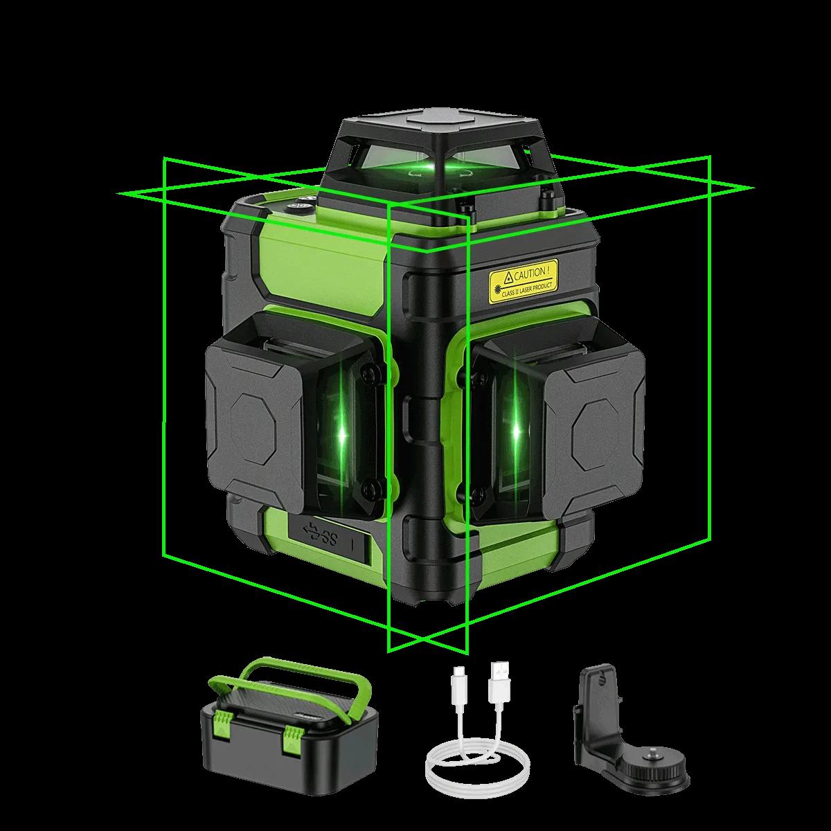 HM03CG 3x360 Laser Level Self Leveling, Rechargeable Green Laser 3D Cross Line with Magnetic Bracket and Hard Carry Case