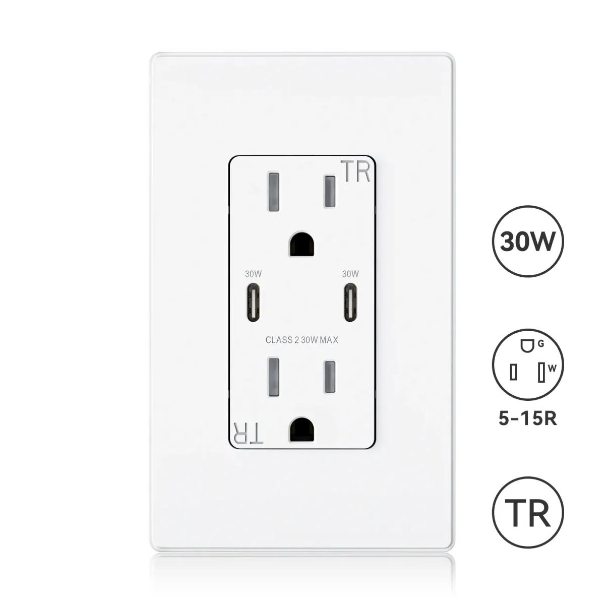 USB C/C 30W 6.0A Wall Outlet, 15A/20A, Tamper-Resistant