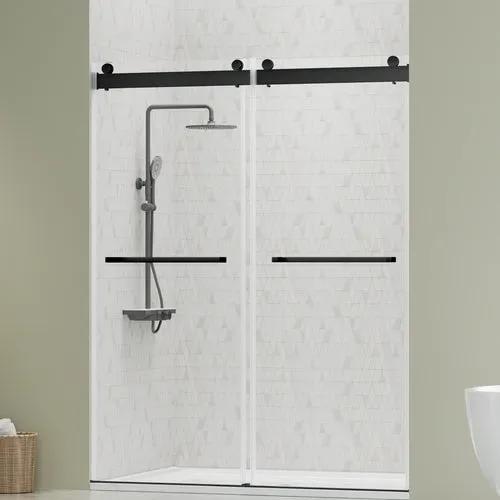 Double Sliding Shower Door, 56-60" W x 75" H, Frameless with Clear Glass and Square Rail
