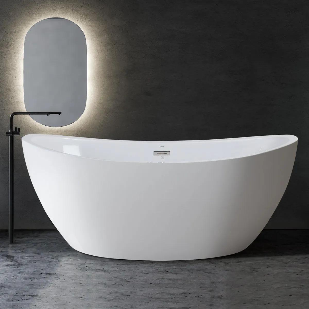 Naha 67" Acrylic Freestanding Bathtub, Curve Edge Freestanding Soaking Bathtub, Glossy White, cUPC Certified, Toe-Tap