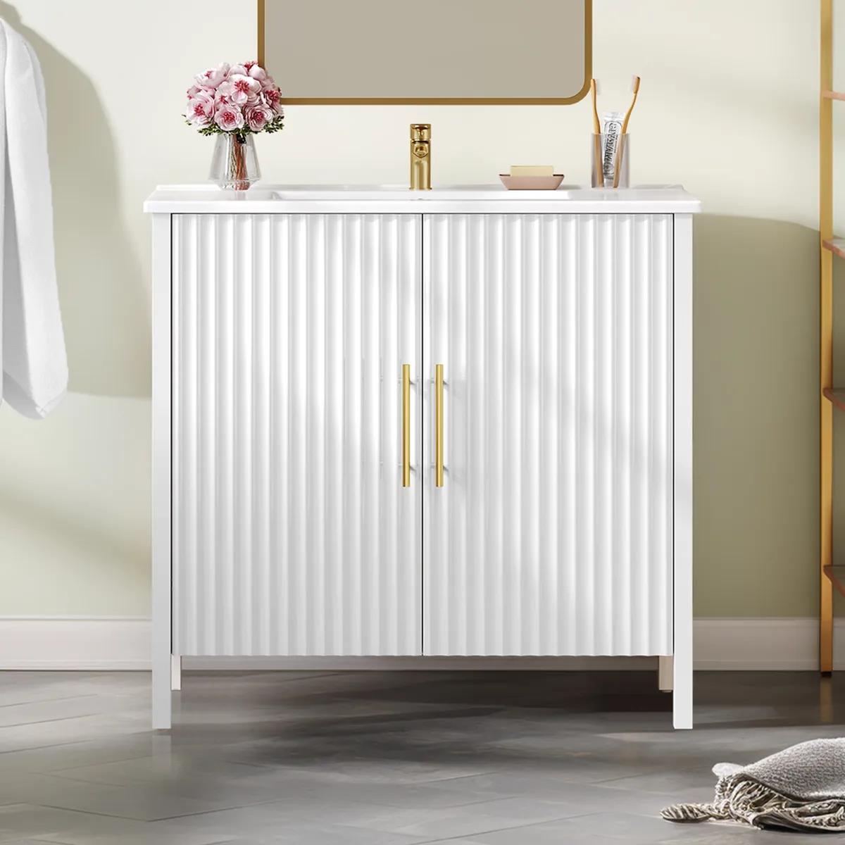 Free Standing Bathroom Vanity with Sink Top 36 Inch, Bathroom Storage Cabinet with Drain, White and Gold