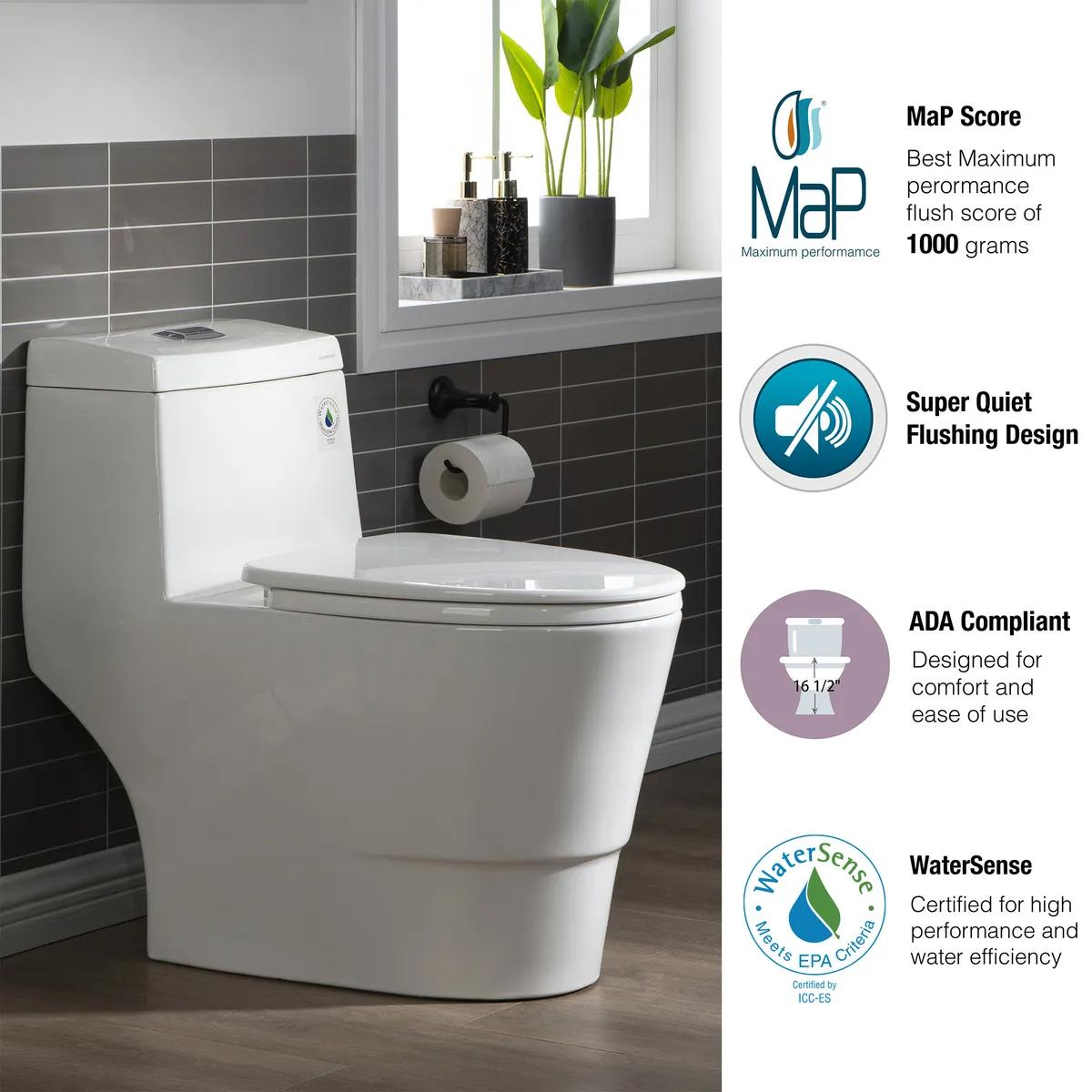 Modern Square Design One Piece Dual Flush 1.28 GPF Toilet, Chair Height with Soft Closing Seat, B0921, Black